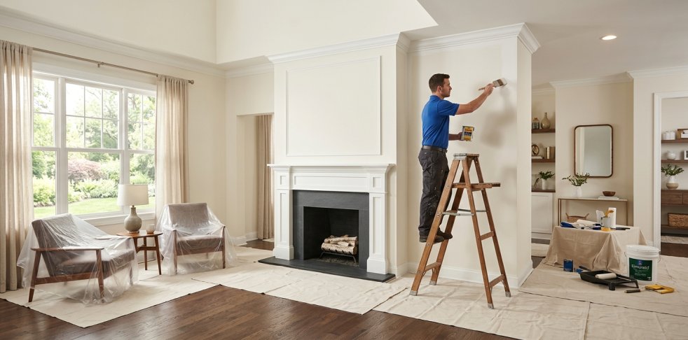 Painting contractor on ladder painting interior wall in bright living room with covered furniture and drop cloths